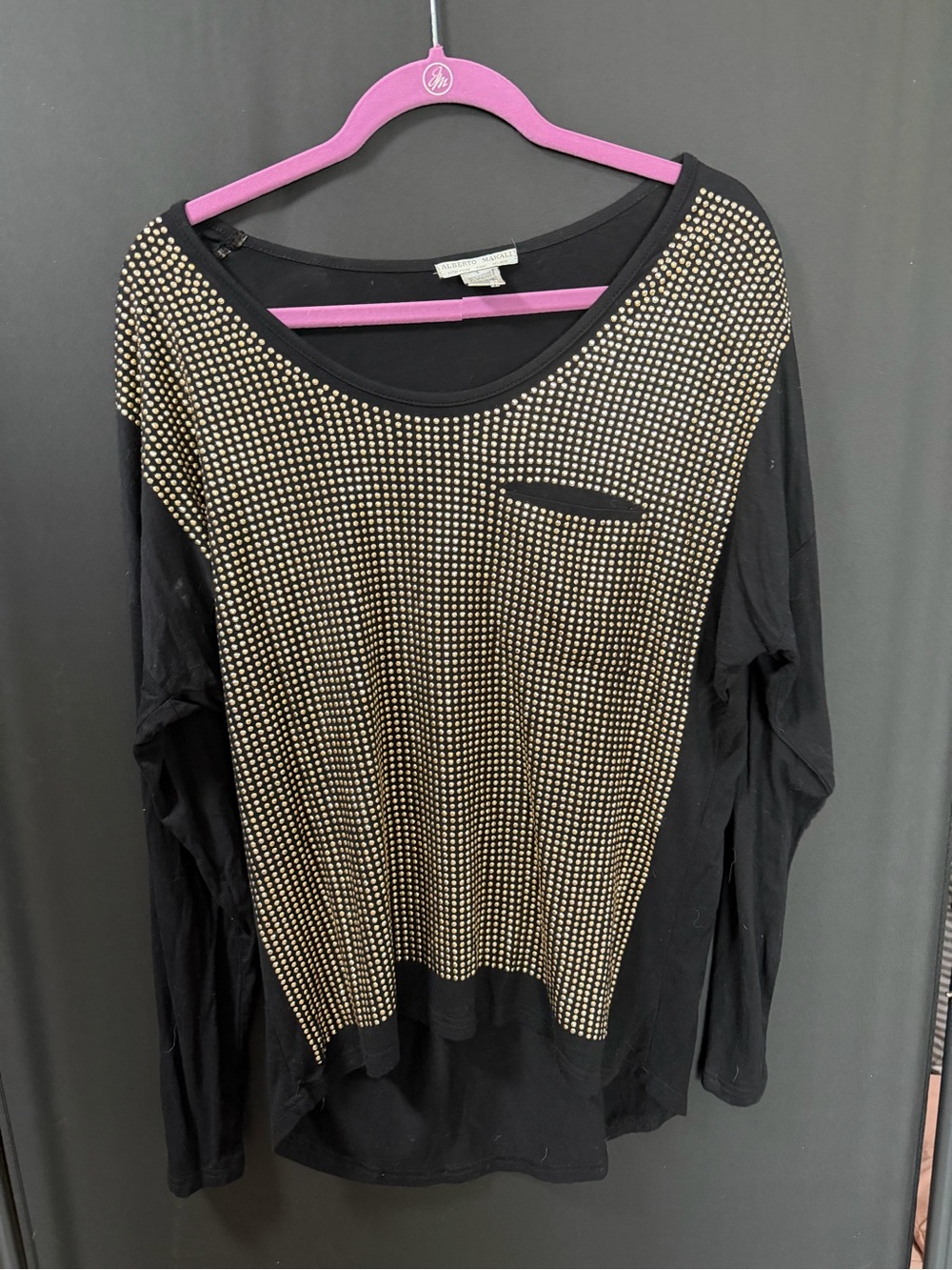 Alberto Makali Black Long-Sleeve Scoop Neck Top with Gold Studs